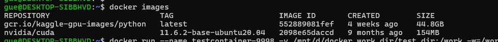 docker imagesを実行した結果、kaggle-gpu-images/pythonイメージの存在を確認できる